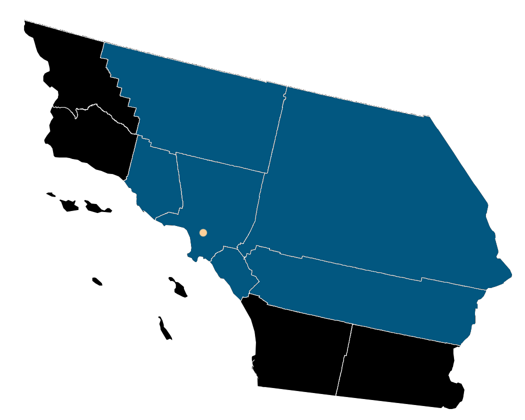 Map showing the city of LA, Los Angeles County and surrounding counties in California