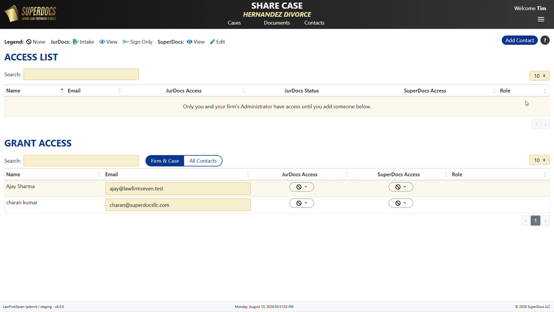 Choosing who can access a case in SuperDocs and JurDocs