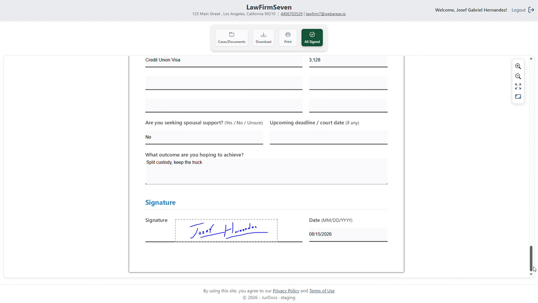 A client's electronic signature applied to a document in JurDocs