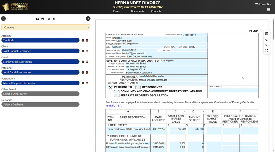 A court form being filled in directly in SuperDocs
