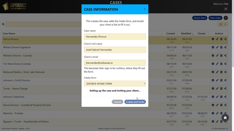 Quick Start a New Case and Send Client Intake