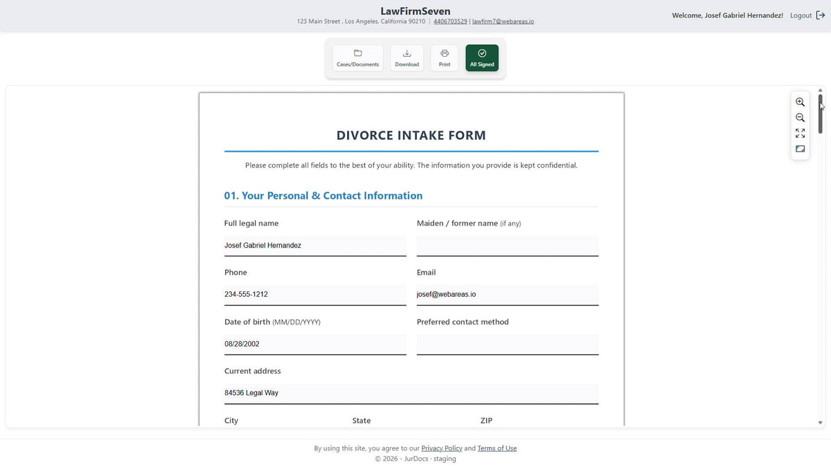 A client filling out an online intake form in JurDocs